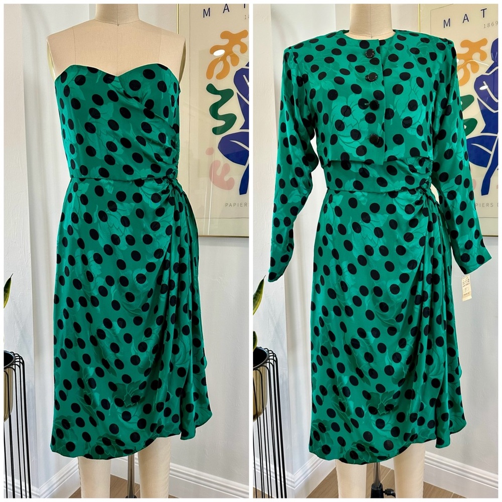Vintage 80’s/90’s Silk Polka Dot Dress & Cropped Jacket
